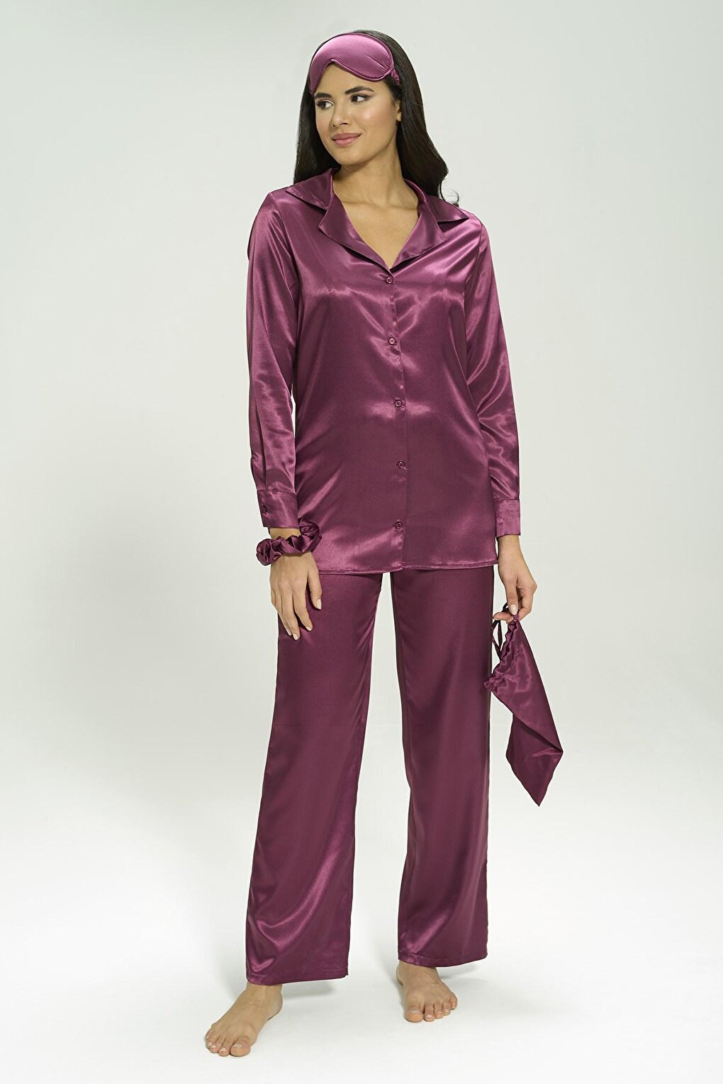 6-Piece Purple Pajama Set with Satin Bustier