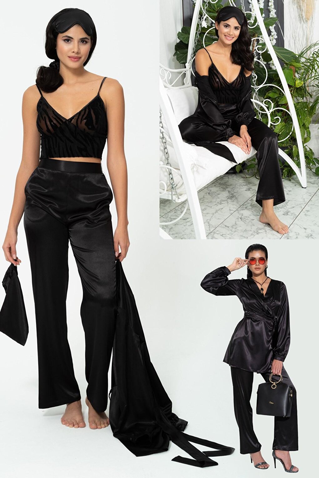 6-Piece Bustier Dressing Gown Trousers Black Pajama Set