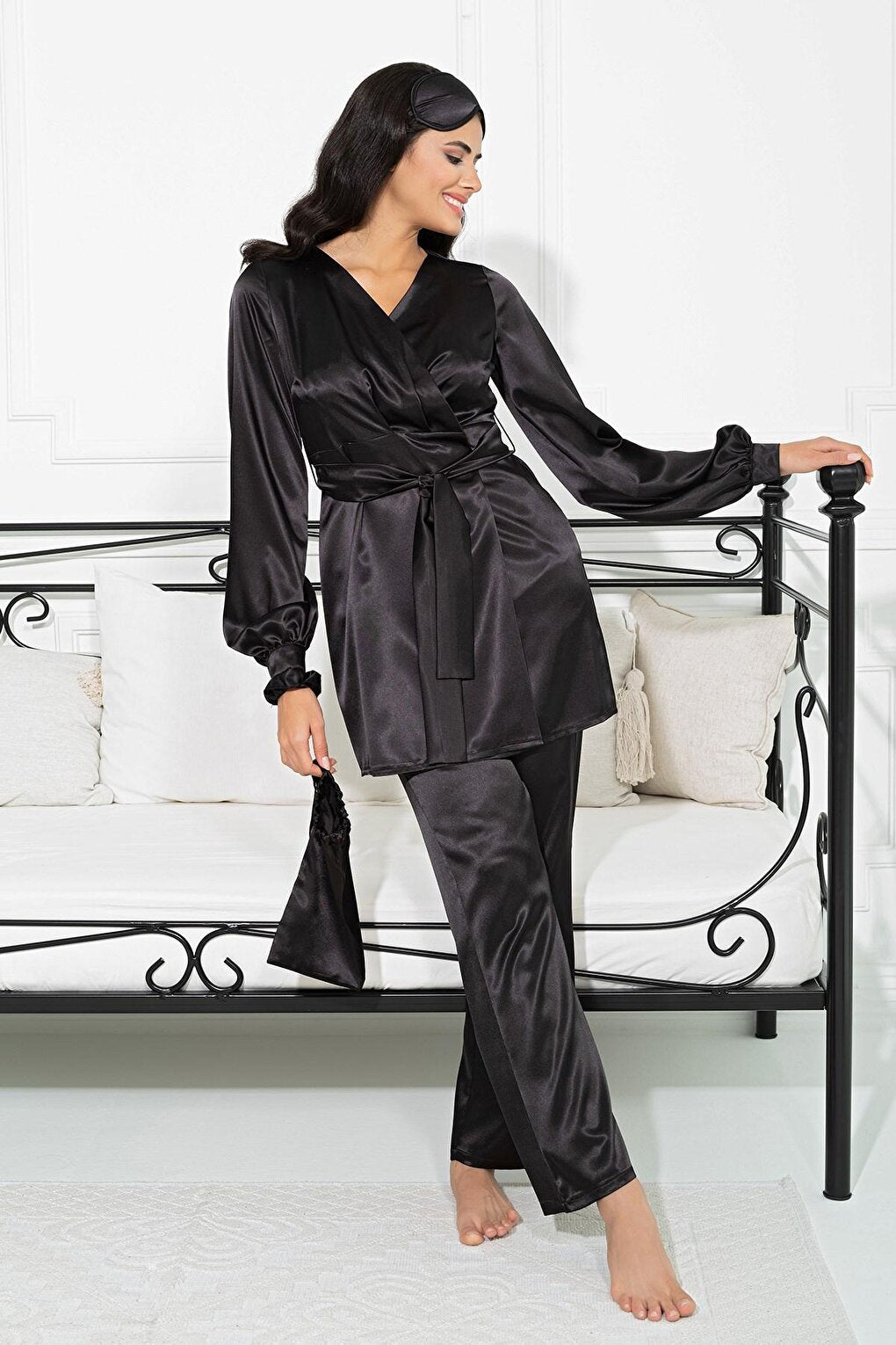 6-Piece Bustier Dressing Gown Trousers Black Pajama Set