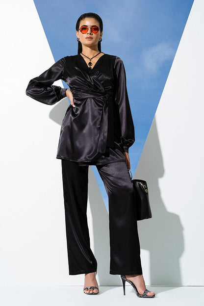 6-Piece Bustier Dressing Gown Trousers Black Pajama Set