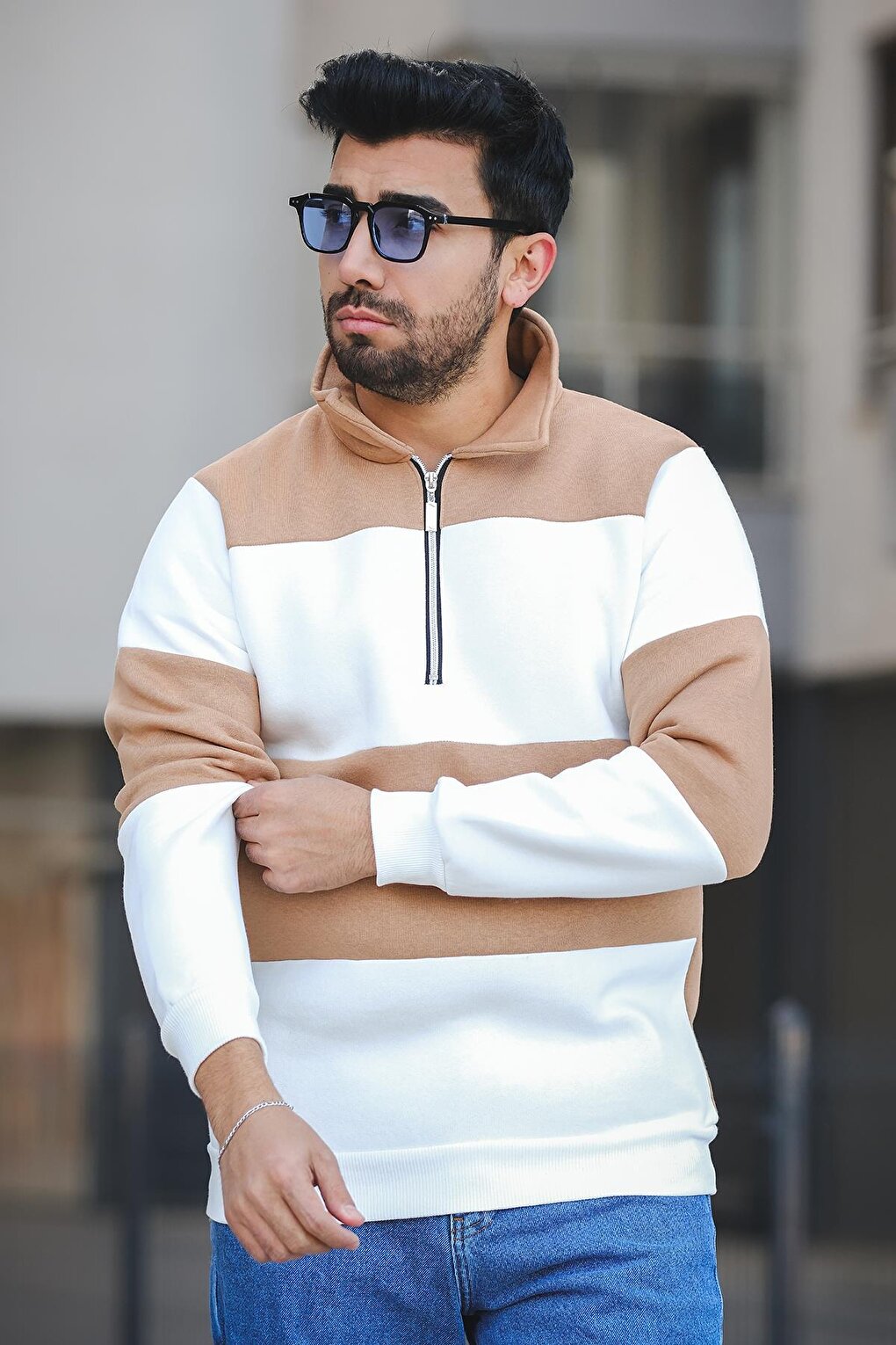 Three Thread Raised Piece Zipper Stand Collar Slim Fit Men's Sweatshirt