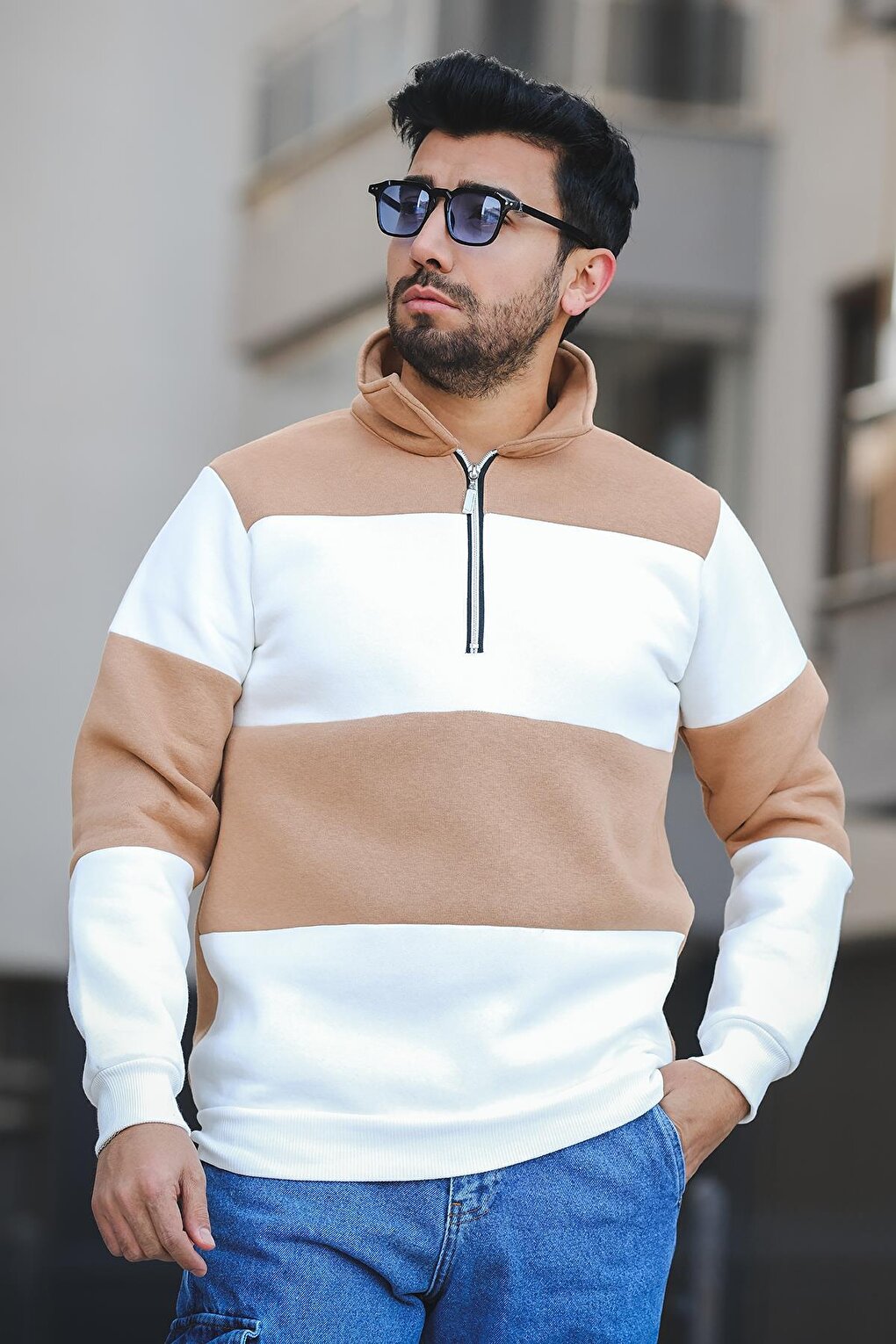 Three Thread Raised Piece Zipper Stand Collar Slim Fit Men's Sweatshirt