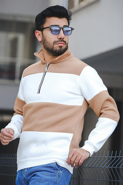 Three Thread Raised Piece Zipper Stand Collar Slim Fit Men's Sweatshirt