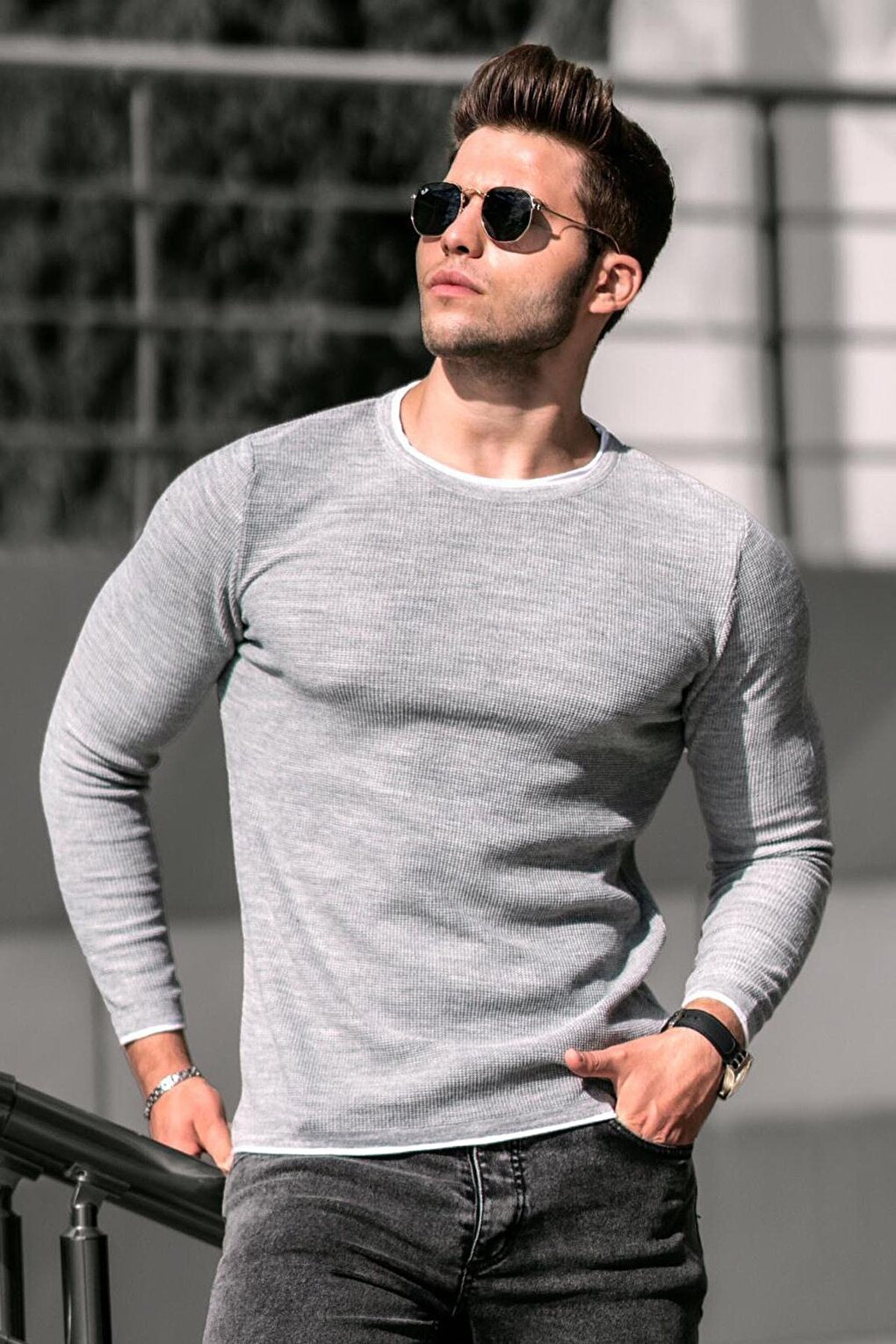 Gray Crew Neck Men's Knitwear Sweater 4637