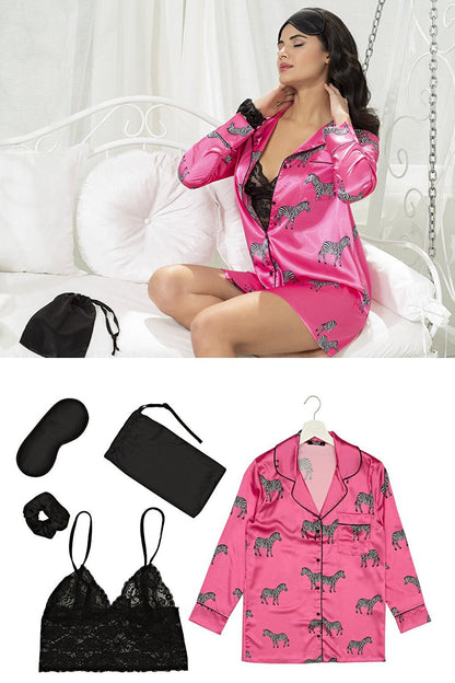 Satin 5-piece Zebra Patterned Nightshirt Set