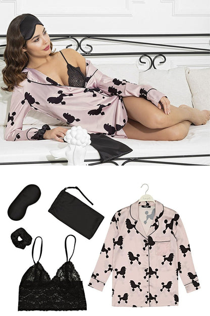 Satin 5-Piece Dog Patterned Nightshirt Set