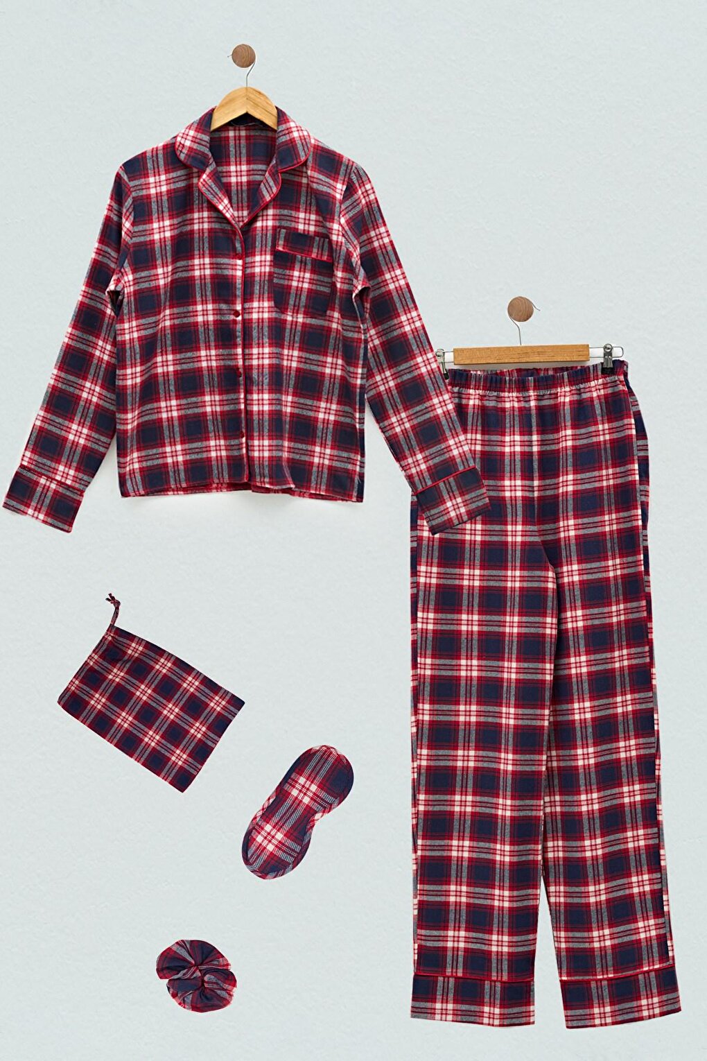 5-Piece Plaid Pattern Red Pajama Set