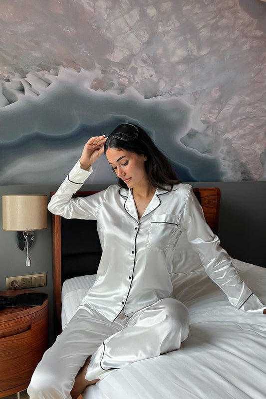 5-Piece Satin Bride Tobe Embroidered White Pajama Set