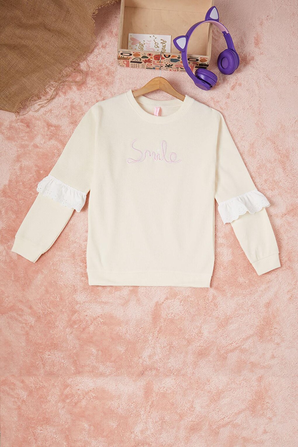 Cream Smile Embroidered Girl's Waffle Sweatshirt 16589