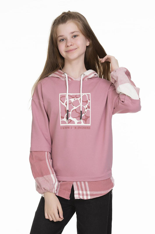 Girl's Hooded Plaid Garnish Hoodie 9-14 Years Lx157