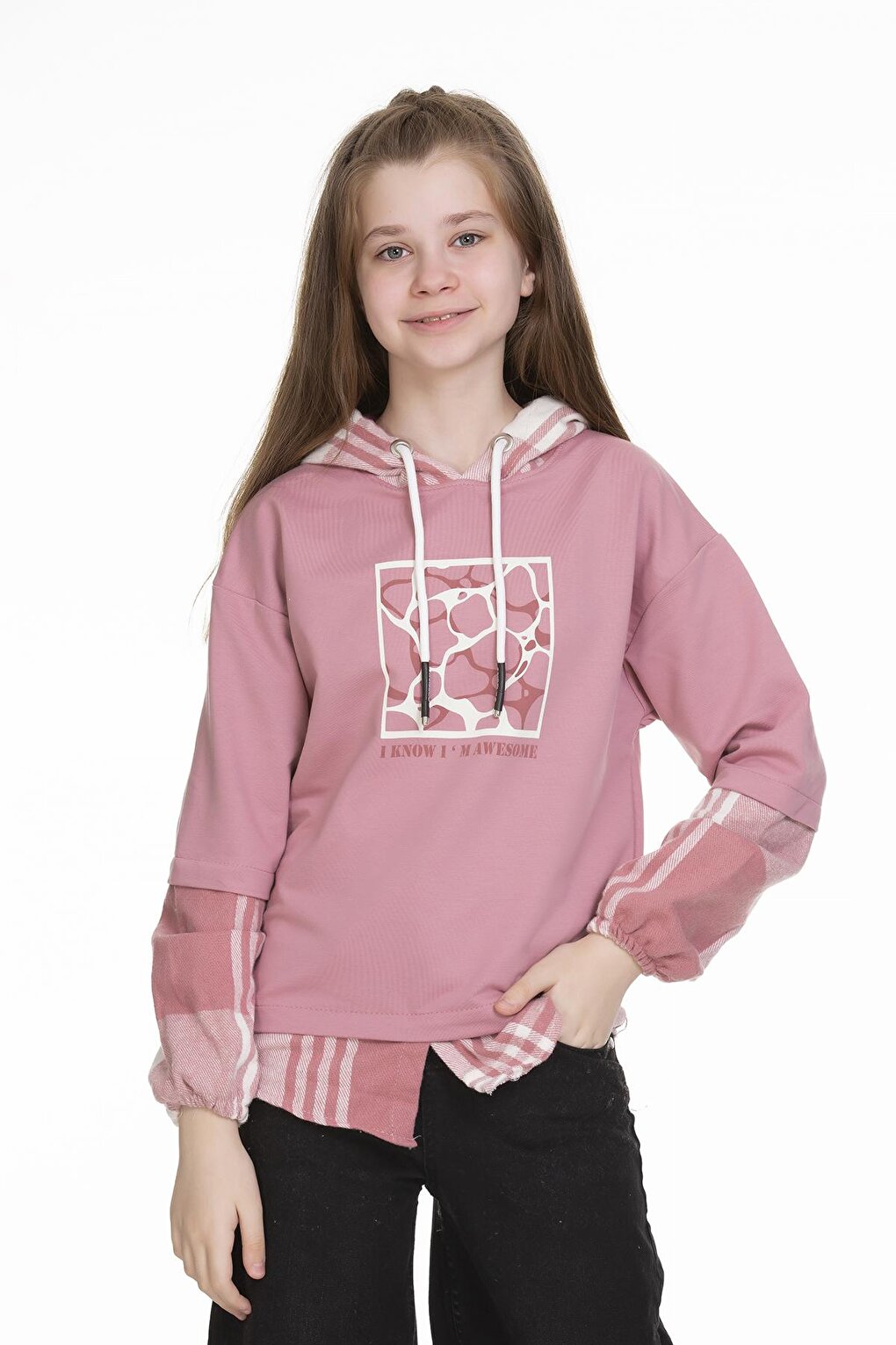 Girl's Hooded Plaid Garnish Hoodie 9-14 Years Lx157