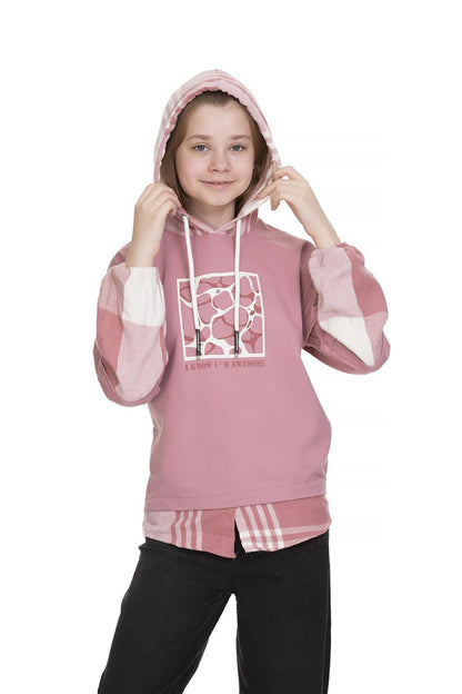 Girl's Hooded Plaid Garnish Hoodie 9-14 Years Lx157