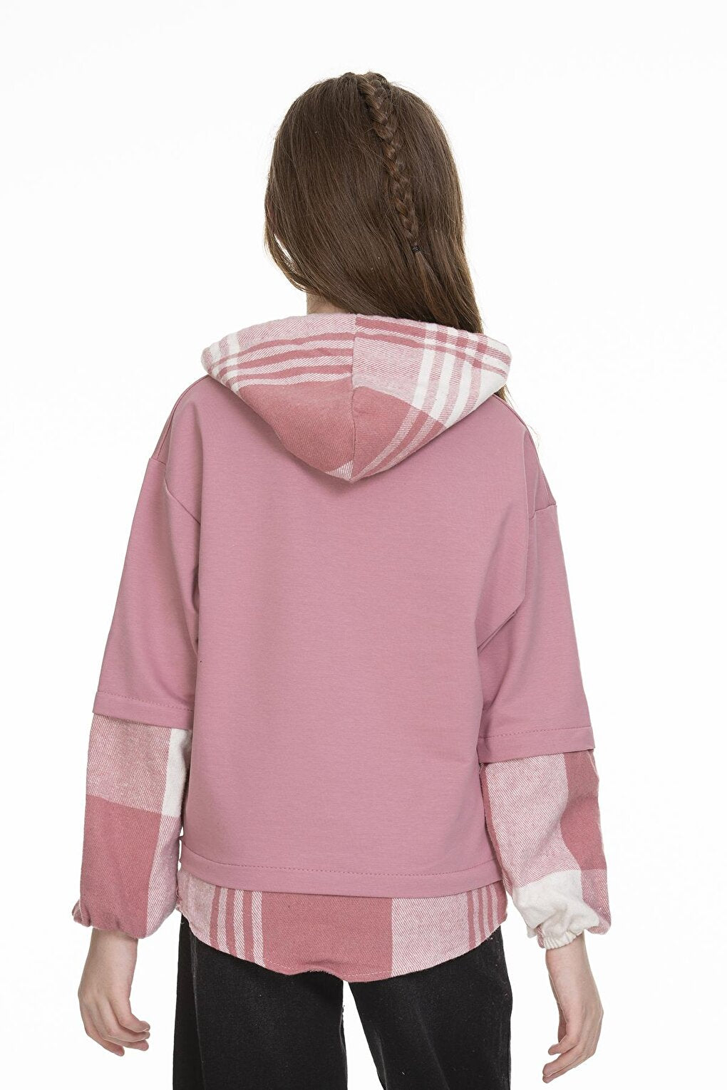 Girl's Hooded Plaid Garnish Hoodie 9-14 Years Lx157