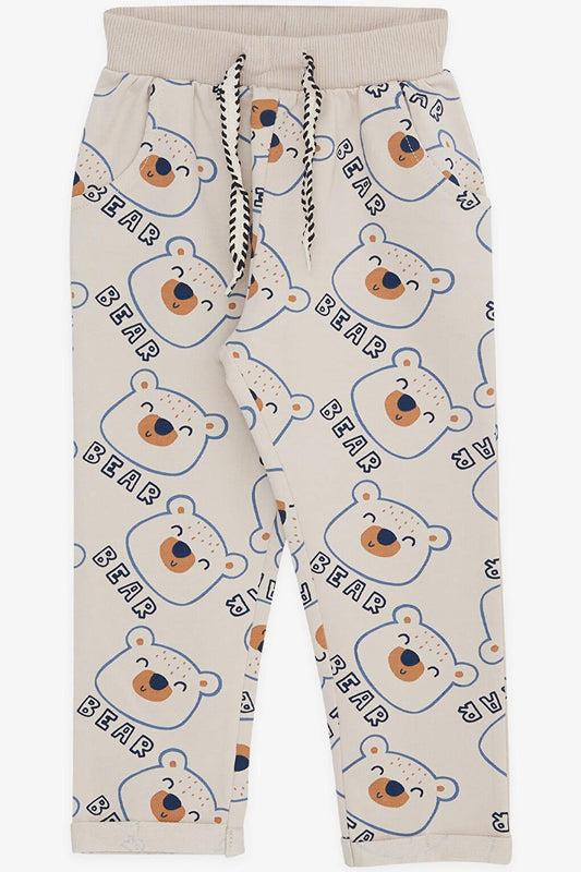 Boy's Sweatpants Cute Teddy Bear Printed Beige (Age 1-4)