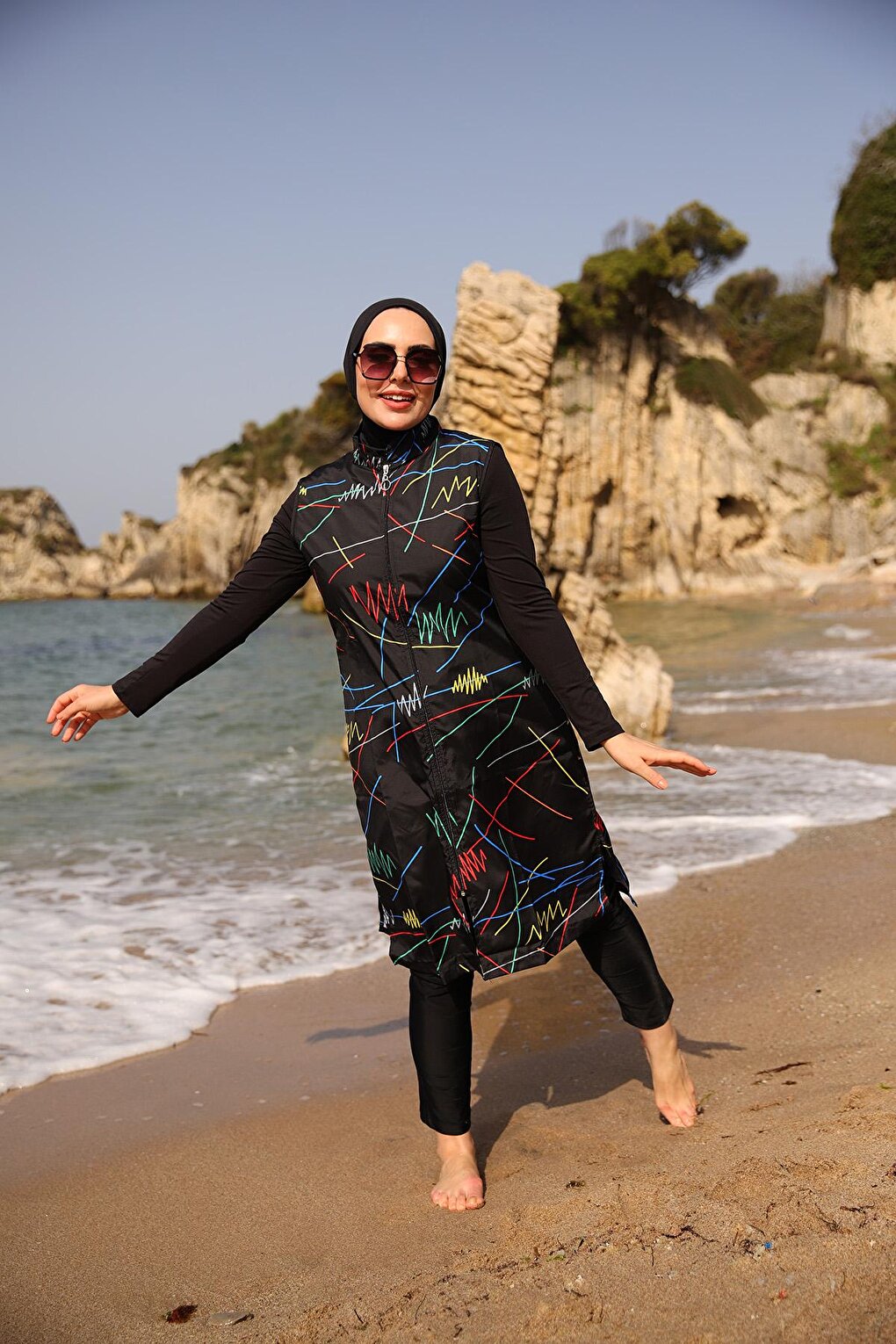 Colorful Line Patterned Fully Covered Hijab Swimsuit R005 Reyhan