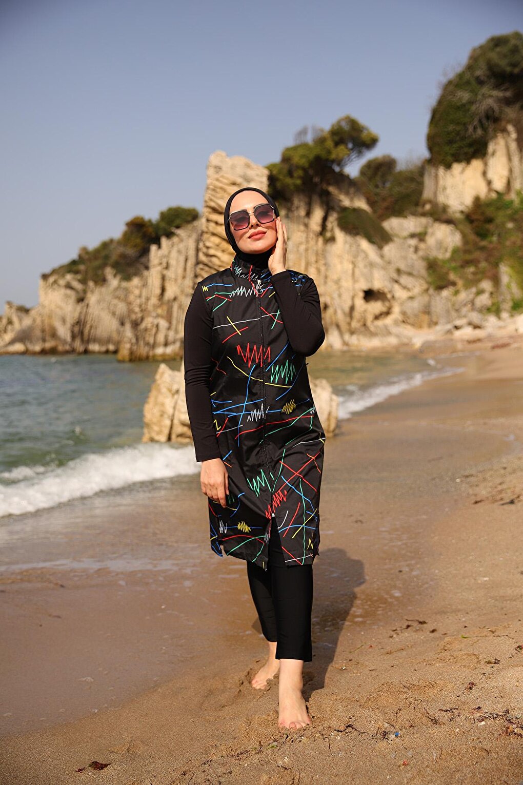 Colorful Line Patterned Fully Covered Hijab Swimsuit R005 Reyhan