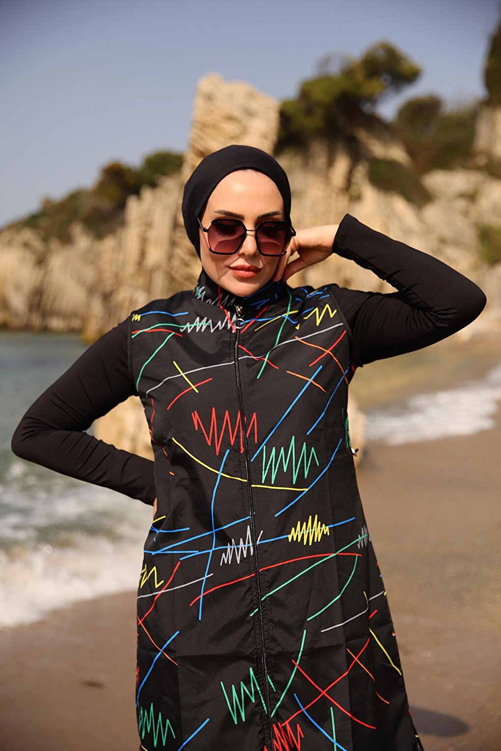 Colorful Line Patterned Fully Covered Hijab Swimsuit R005 Reyhan