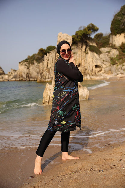 Colorful Line Patterned Fully Covered Hijab Swimsuit R005 Reyhan