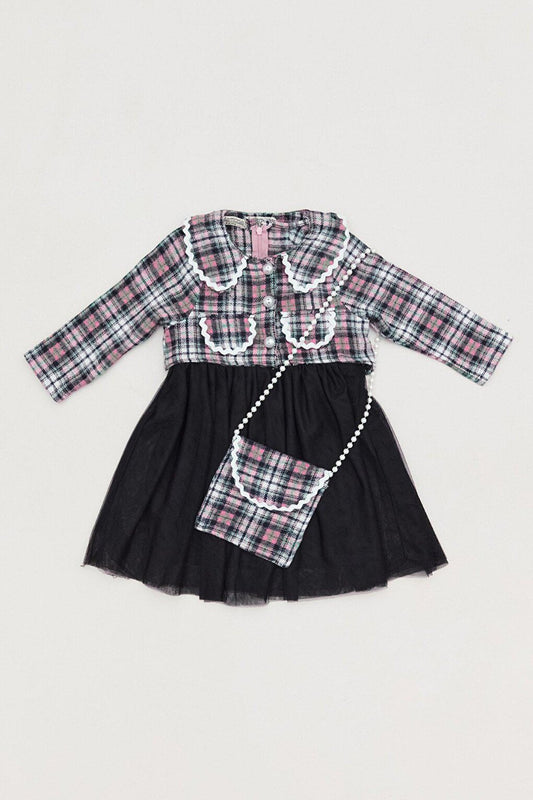 Plaid Patterned Girl's Dress with Bag Accessories