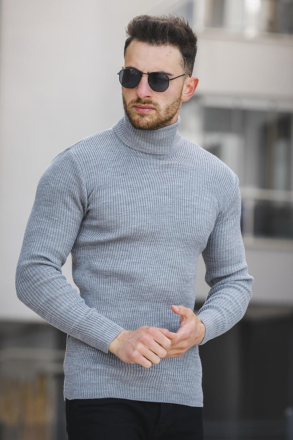 Thin Ribbed Slim Fit Men's Turtleneck Sweater