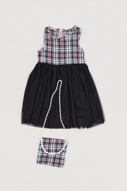 Plaid Patterned Girl's Dress with Bag Accessories