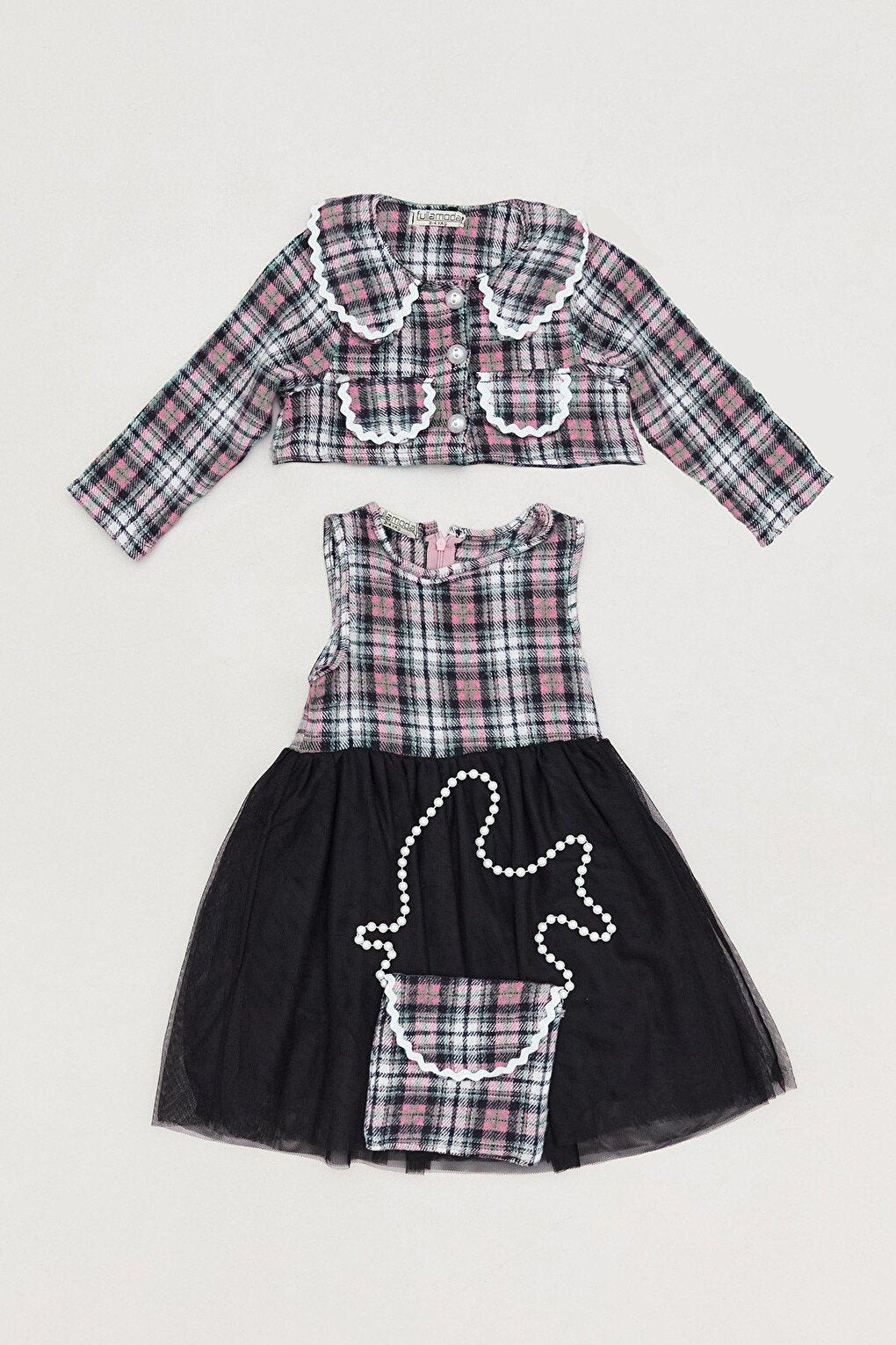 Plaid Patterned Girl's Dress with Bag Accessories