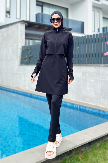 Black Full Covered Swimming Hijab Swimsuit R003 Nurhan