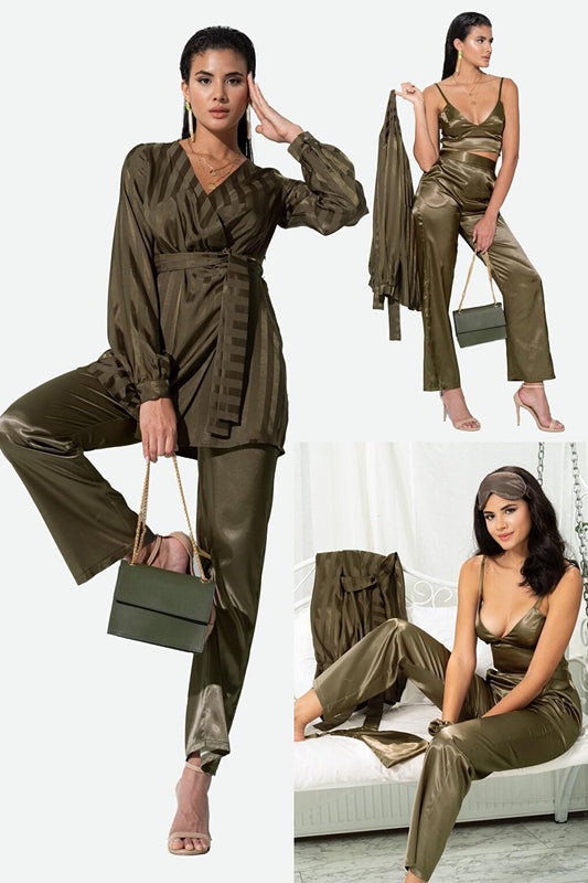 4-Piece Satin Inside and OutsideGreen Jacquard Set