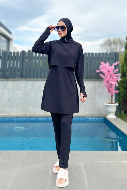 Black Full Covered Swimming Hijab Swimsuit R003 Nurhan