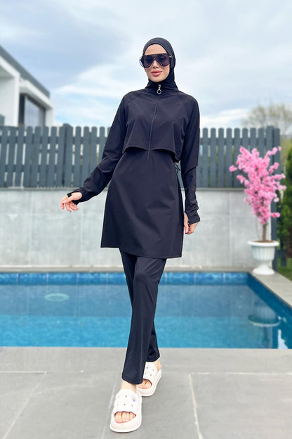 Black Full Covered Swimming Hijab Swimsuit R003 Nurhan