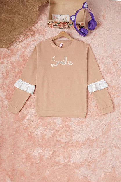 Brown Smile Embroidered Girl's Waffle Sweatshirt 16591