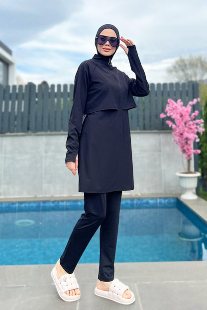 Black Full Covered Swimming Hijab Swimsuit R003 Nurhan