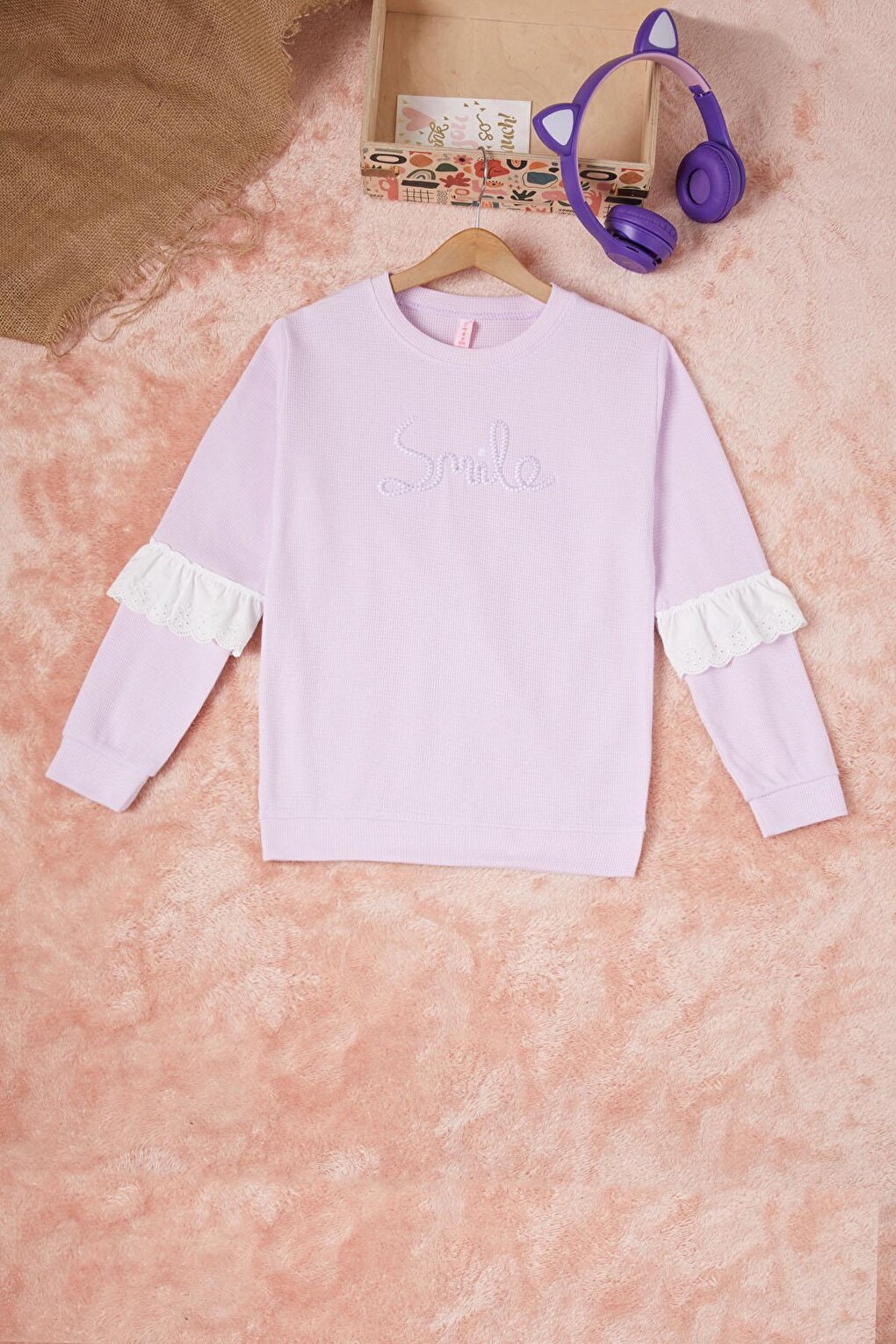 Lilac Smile Embroidered Girl's Waffle Sweatshirt 16593