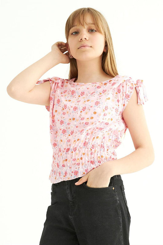 Girl's Pink Colored Floral Patterned Zero Sleeve Blouse