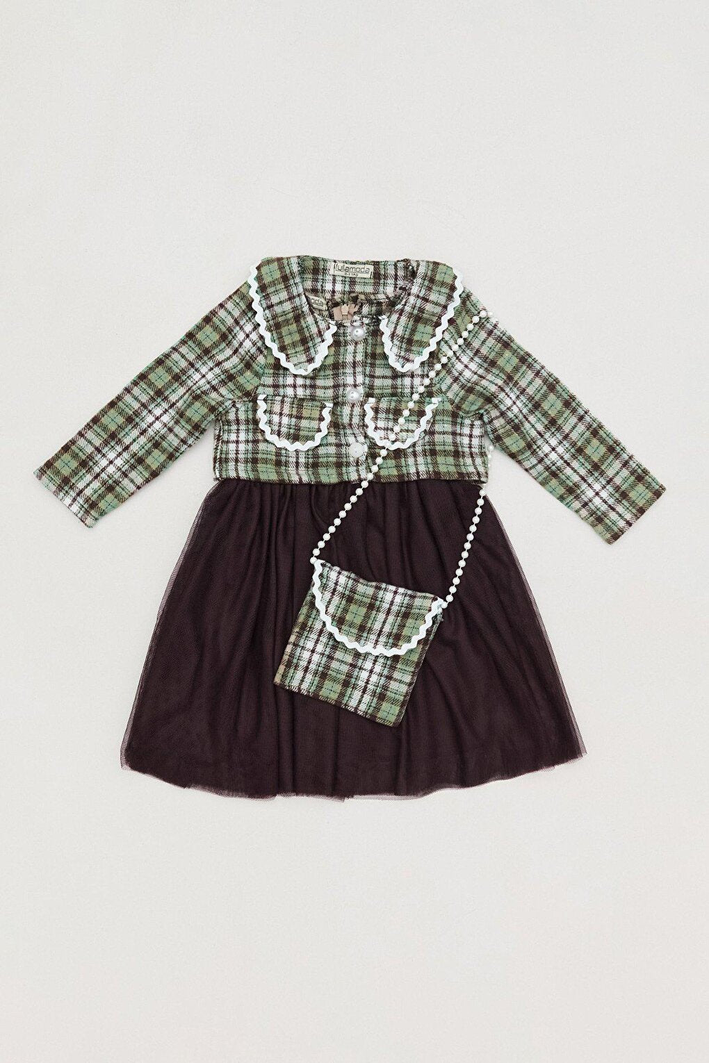 Plaid Patterned Girl's Dress with Bag Accessories