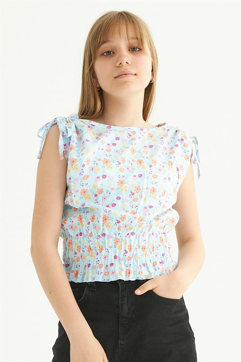 Girl's Blue Colored Floral Patterned Zero Sleeve Blouse