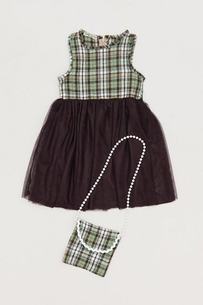 Plaid Patterned Girl's Dress with Bag Accessories