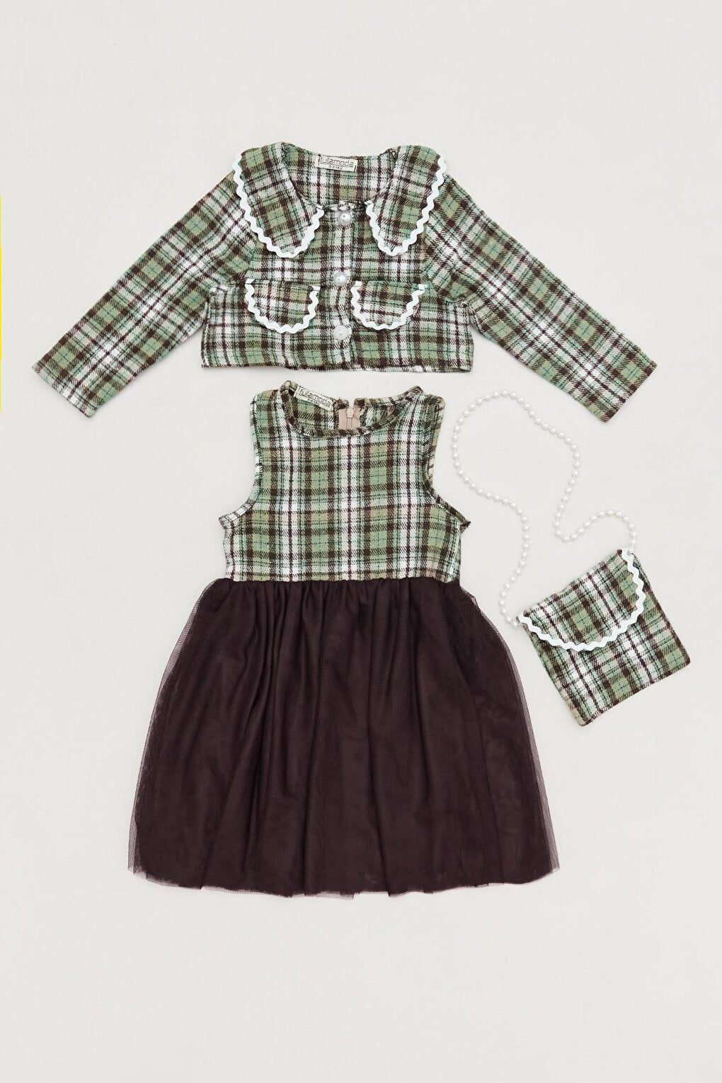 Plaid Patterned Girl's Dress with Bag Accessories