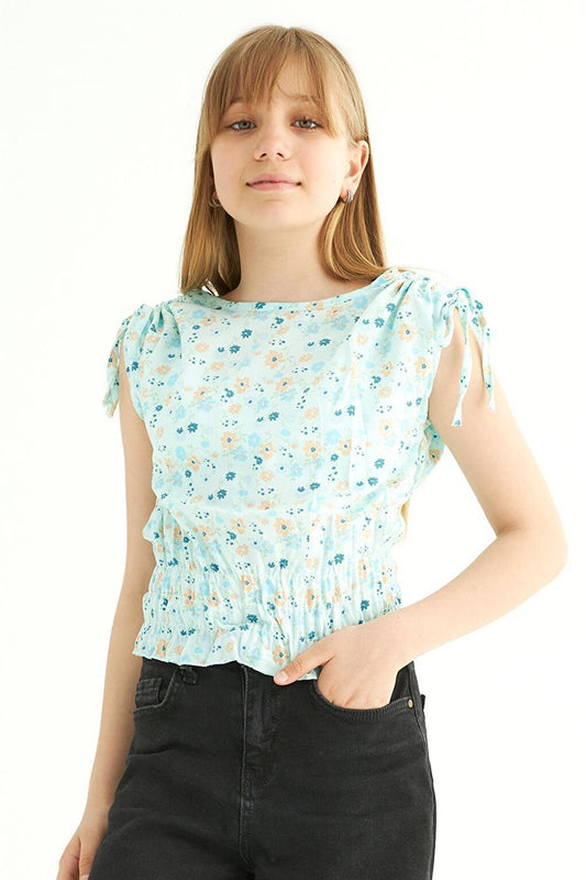 Girl's Mint Colored Floral Patterned Zero Sleeve Blouse