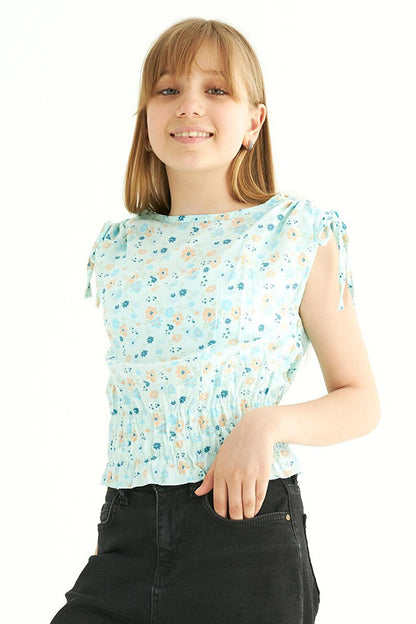 Girl's Mint Colored Floral Patterned Zero Sleeve Blouse