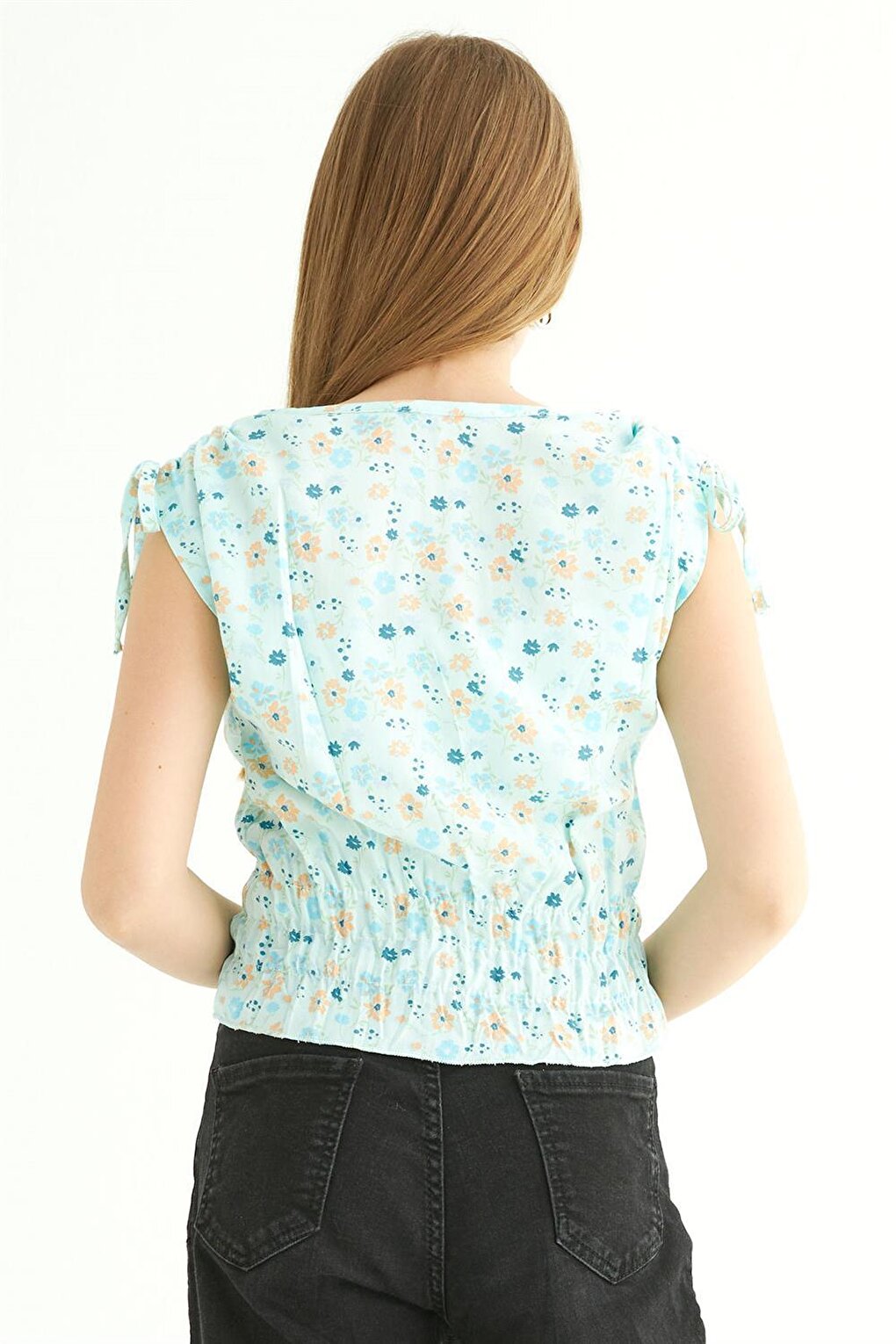 Girl's Mint Colored Floral Patterned Zero Sleeve Blouse