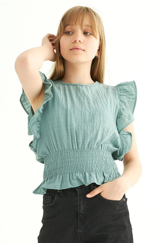 Girl's Green Colored Bat Sleeve Elastic Blouse