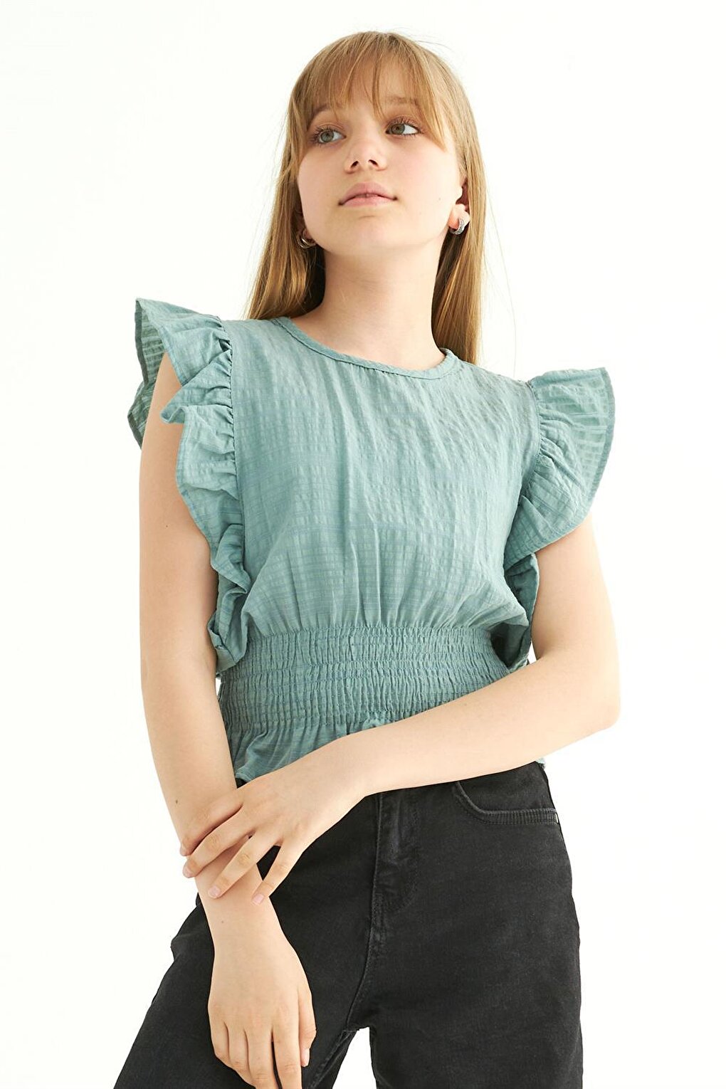 Girl's Green Colored Bat Sleeve Elastic Blouse