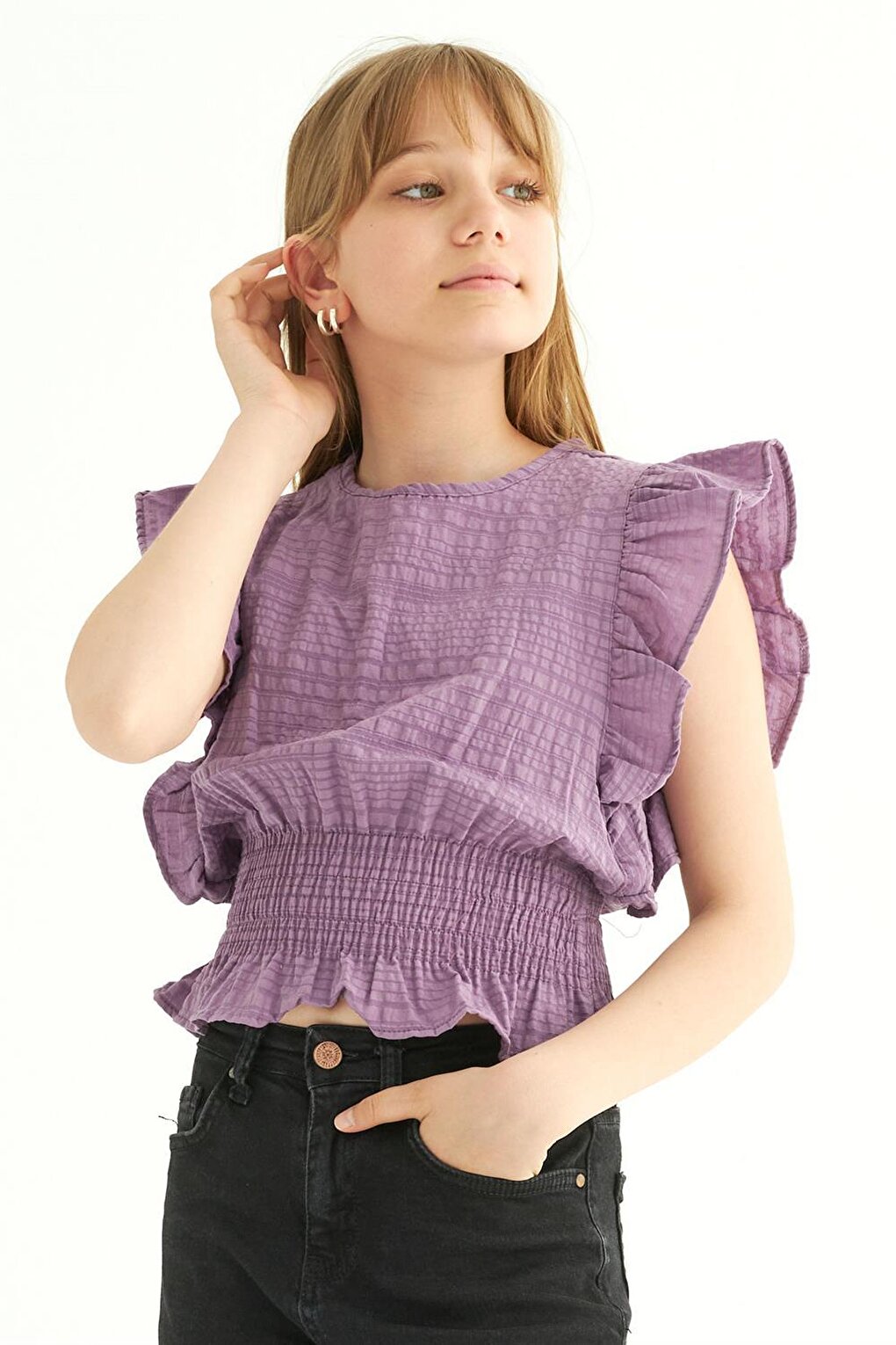 Girl's Purple Colored Bat Sleeve Elastic Blouse