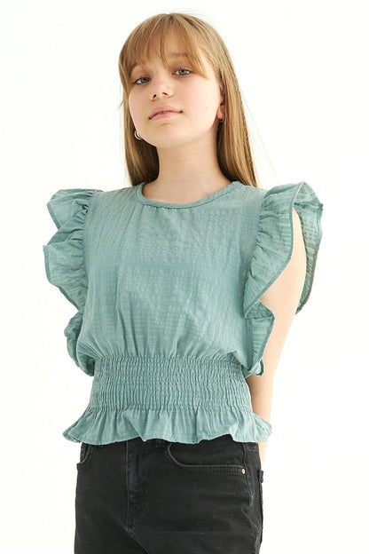 Girl's Green Colored Bat Sleeve Elastic Blouse