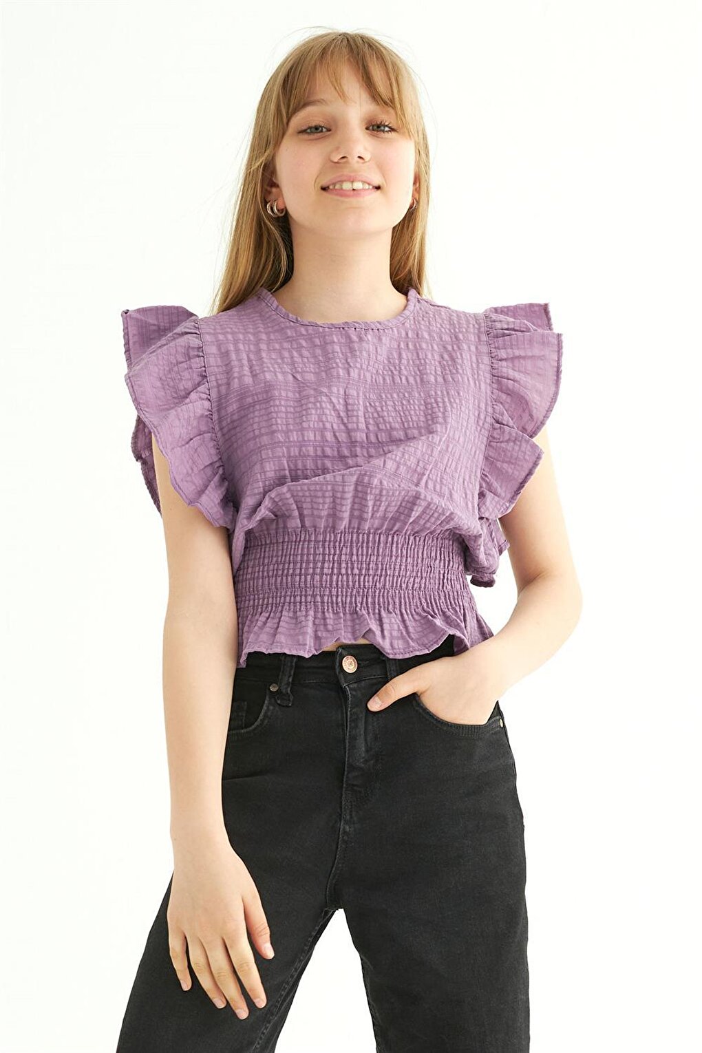 Girl's Purple Colored Bat Sleeve Elastic Blouse