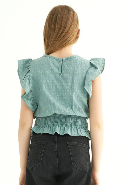 Girl's Green Colored Bat Sleeve Elastic Blouse