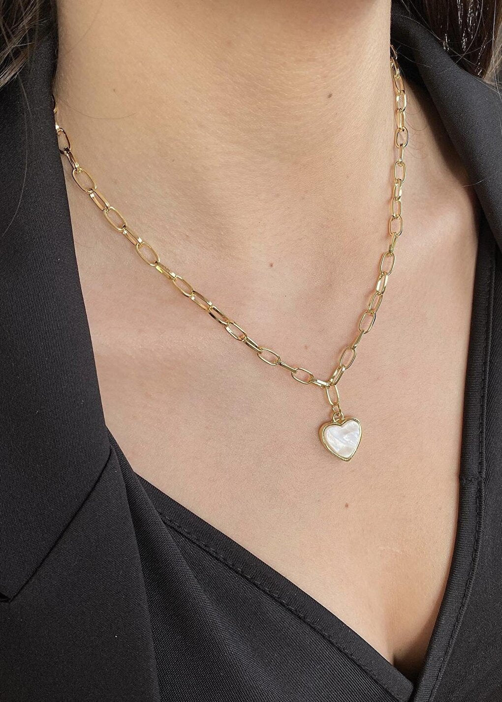 Gold Chain Mother of Pearl Heart Necklace