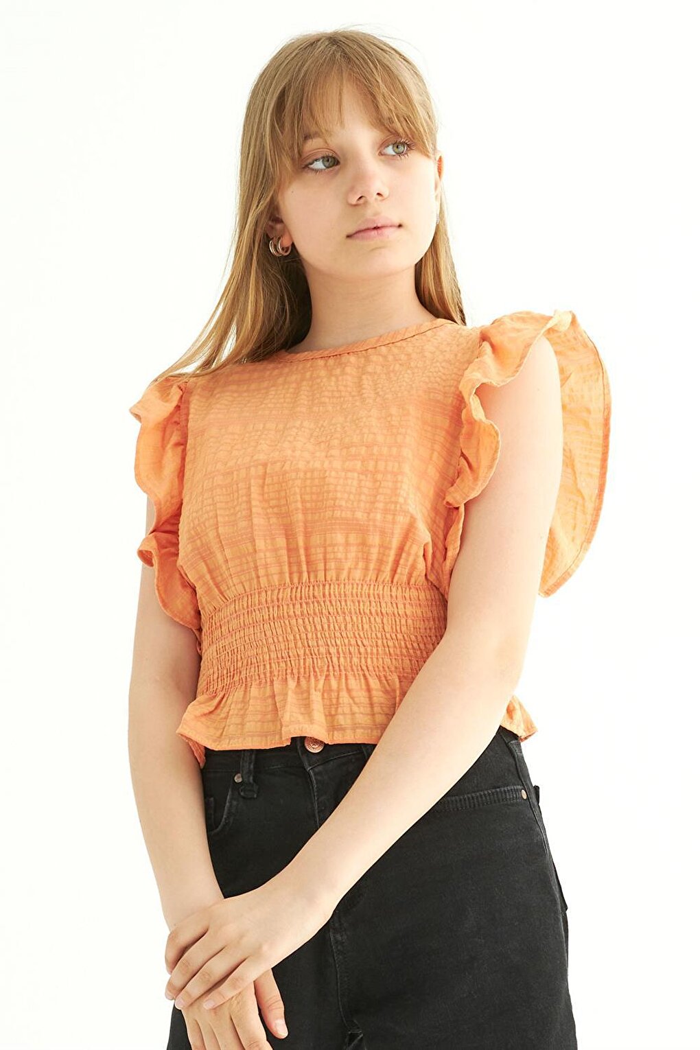 Girl's Orange Colored Bat Sleeve Elastic Blouse