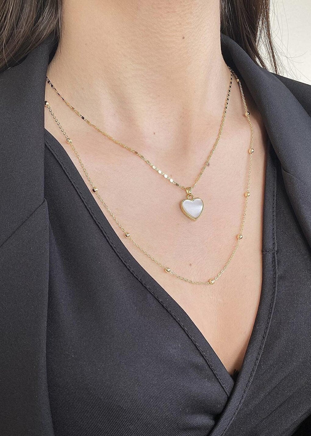 Gold Mother of Pearl Combination Heart Necklace